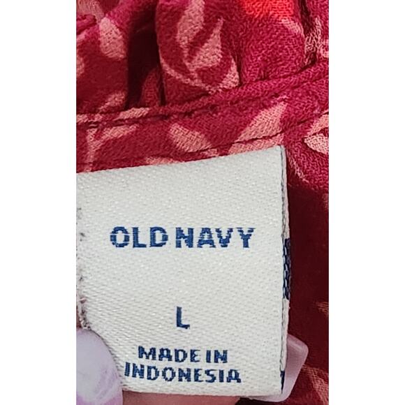 Old Navy Burgundy Floral Print Ruffled Hem Top L Lightweight Soft Flowy Tie Neck - Picture 5 of 6